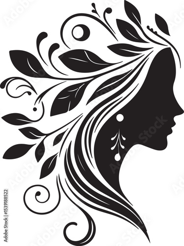 Stylized Woman Profile with Nature-Inspired Hair Design	