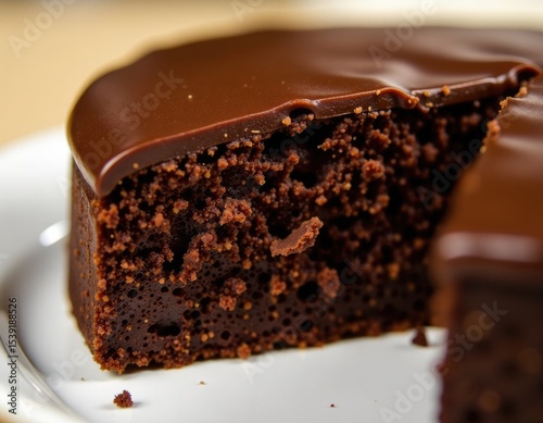 Delicious chocolate cake slice showing its moist and spongy texture