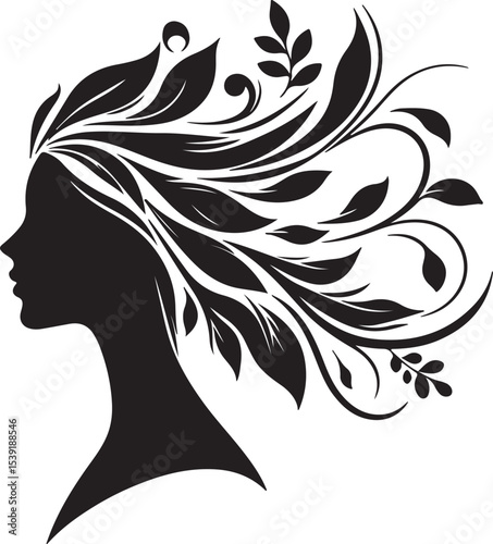 Stylized Woman Profile with Nature-Inspired Hair Design	