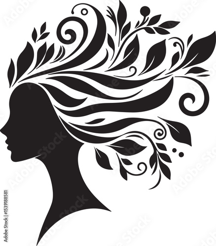 Stylized Woman Profile with Nature-Inspired Hair Design	