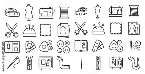 The image showcases a variety of sewing and tailoring tools and supplies, including scissors, pins, needles, and measuring tapes. The collection is organized in a visually appealing manner