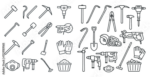 Collection of tools and equipment, including hammers, wrenches, and shovels. Concept of organization and preparedness for various tasks