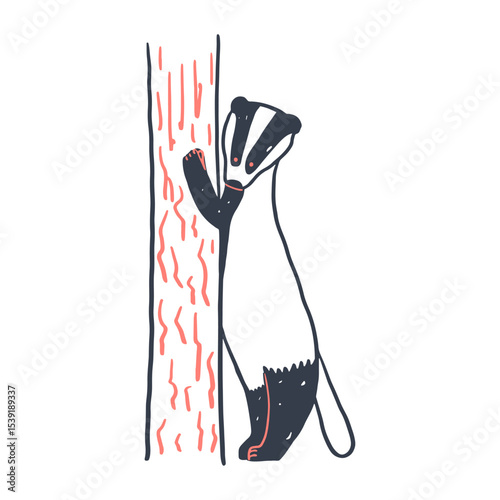 Stylized badger and tree drawing. Wild animal is standing on hind legs with forepaw on tree trunk. Vector illustration
