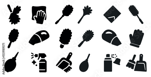 Collection of cleaning tools and supplies. The image is black and white. Scene is clean and organized