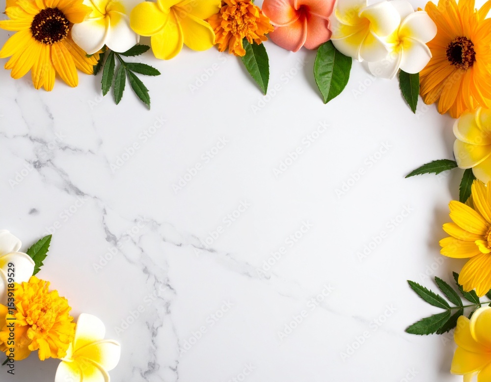 Obraz premium 大理石と黄色い花の明るい背景｜上品で華やかなサマーデザイン Bright Marble Background with Yellow Flowers | Elegant and Cheerful Summer Design