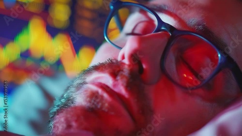 Man wearing glasses lying on side and sleeping, dark room background, blurred lights indicative of cityscape or digital display. Modern urban life scene.