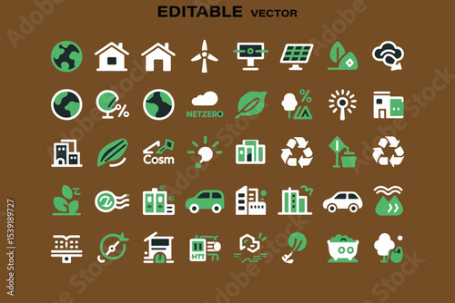 Collection of editable vector icons for green energy sustainability and eco friendly living