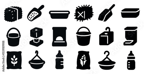 Collection of black and white icons for various kitchen items such as a bottle, a bowl, a spoon, a cup, a bucket, a bag, a bowl, a spoon, a cup, a bottle, a bowl, a spoon, a