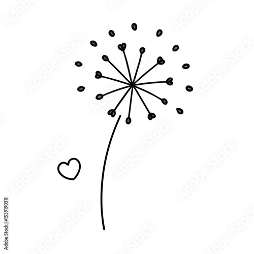 Romantic dandelion illustration with heart shaped seeds