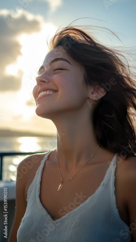 A young woman with wavy brown hair smiles joyfully against a sunset backdrop. The scene captures a sense of peace and happiness by the sea.