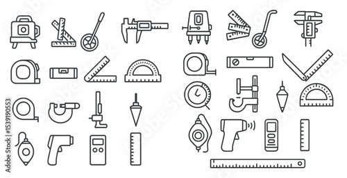 Collection of tools and measuring devices. The tools include a tape measure, a level, a ruler, and a protractor. The measuring devices include a caliper, a micrometer, and a depth gauge