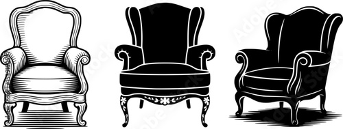 Minimalist Antique Armchair Vector – Black and White Line Art Silhouette of Vintage Chair with Carved Wooden Legs and Curved Armrests on Textured Surface – Elegant Furniture Illustration
