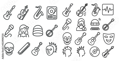 Collection of musical instruments and symbols. Scene is energetic and creative. The instruments include a guitar, a keyboard, a drum, a saxophone, and a tambourine. The symbols include a microphone