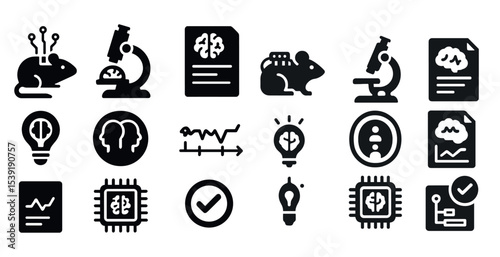 Collection of black and white icons that represent various scientific concepts. The icons include a brain, a computer, a clock, a light bulb, and a mouse