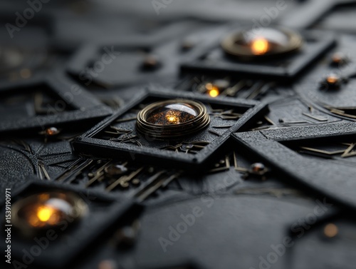 Wallpaper Mural Intricate geometric pattern with glowing amber lights encased in circular glass spheres arranged within layered black frames, creating an abstract visual effect. No text present Torontodigital.ca