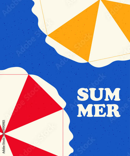 summer banner, beach umbrellas on a blue background, grain texture, vector