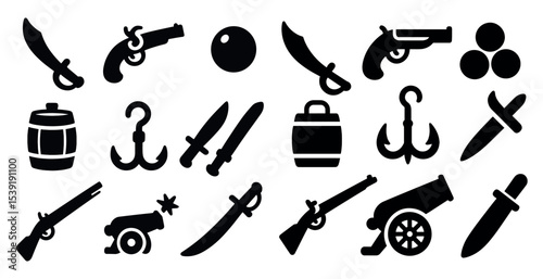 Collection of weapons and tools, including a gun, a knife, and a ball. Concept of adventure and danger, as these items are often associated with pirates and other explorers