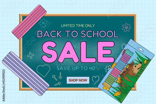 Back to school sale banner with chalkboard and modeling clay set in hedgehog packaging. School art supplies promotion on graph background. For seasonal shopping advertisement, and marketing material.