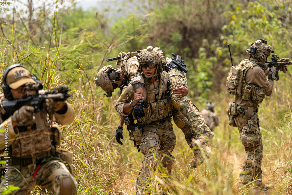 Fototapeta premium Soldier Carrying Injured Comrade During Tactical Combat Mission – Military Rescue Operation in Jungle, Armed Forces in Full Gear Providing Assistance Under Fire, Real Battlefield Scene