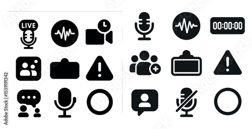 Collection of icons for various audio recording devices. The icons include a microphone, a camera, and a stopwatch. The collection conveys the idea of recording and capturing audio