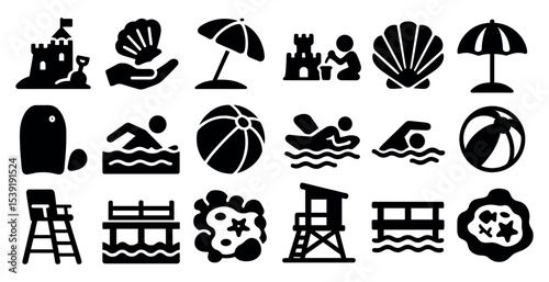 Collection of black and white icons for various beach and pool activities. The icons include a lifeguard, a chair, a ball, a beach umbrella, and a shell