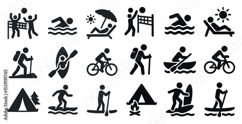 Collection of black and white icons depicting various outdoor activities such as kayaking, biking, and swimming