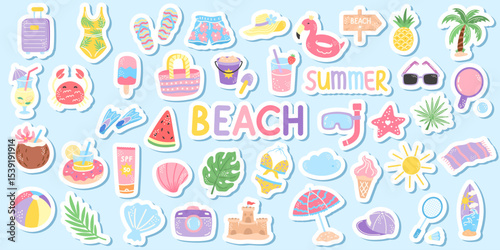 Cute summer beach vector sticker set: sunglasses, swimsuit, ice cream, camera, palm. Perfect for planners, kids crafts, and vacation, travel-themed printable