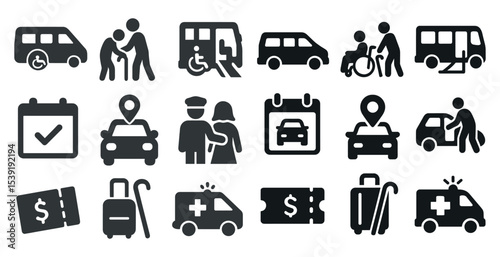 Collection of icons for various modes of transportation and services. The icons include a car, a bus, a taxi, a train, a plane, a suitcase, a backpack, a handbag, a wallet, a cell phone, a book