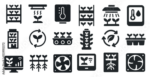 Collection of plant-related icons, including a plant growing out of a container, a plant growing out of a pot, and a plant growing out of a greenhouse