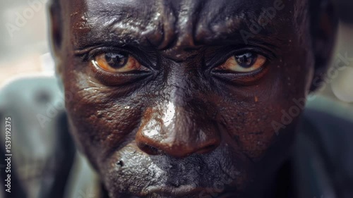 Close-up portrait of dirty man with scowl.