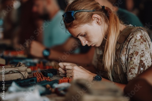 Woman soldier preparing ammunition military army training camp exercise