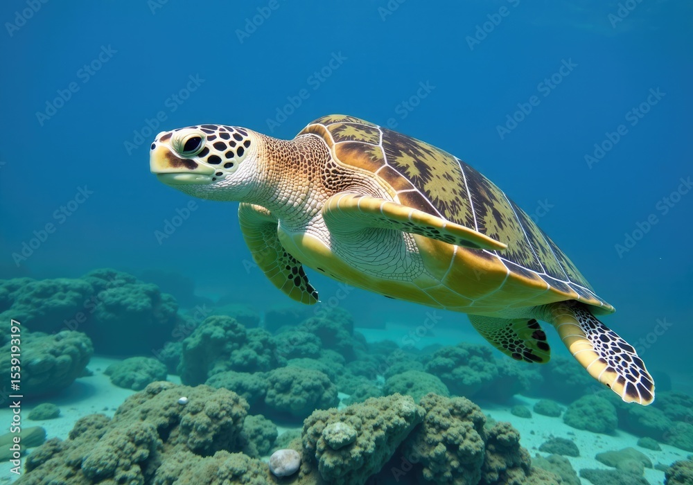 Obraz premium Hawksbill sea turtle swimming over tropical coral reef