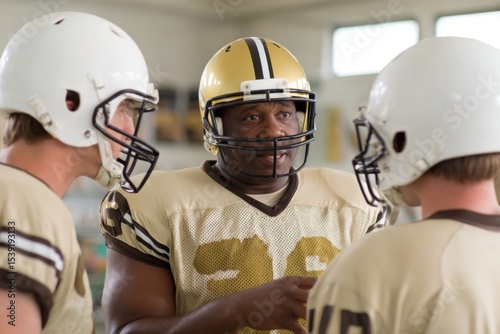 American football team discussing strategy before a big game in the locker
