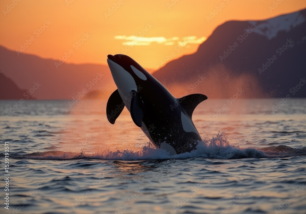 Fototapeta premium Orca jumping out of the water at sunset in norway