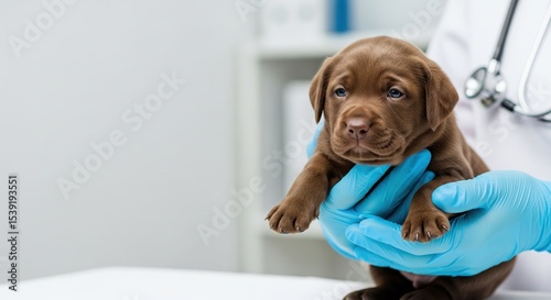 Close-up of a puppy in a veterinarian’s hands with gloves. Left copy space. Medical room background. Ideal for pet care and vet clinic banners