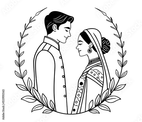 Elegant Black and White Indian Couple Vector Illustration – Bride and Groom Side Profile with Ornamental Frame