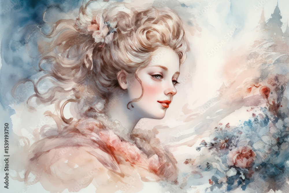 Fototapeta premium A watercolor portrait of a young woman in a romantic winter setting. Her delicate face with rosy cheeks is framed by lush light curls decorated with flowers. 