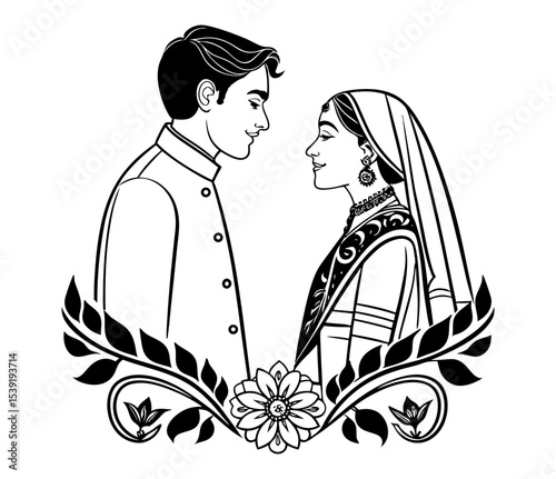 Traditional Indian Wedding Clipart – Bride in Saree and Groom in Sherwani Holding Hands, Floral Border, Line Art