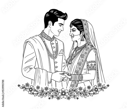 Traditional Indian Wedding Couple Vector Illustration – Bride and Groom Holding Hands in Black and White Line Art