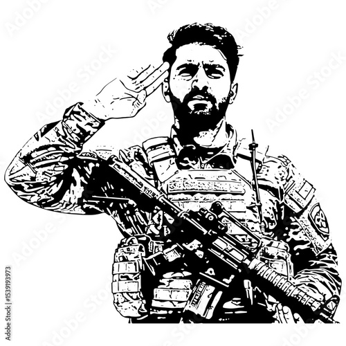 Black and White Soldier Saluting with Rifle – Military Illustration. Suitable for use in posters, t-shirt designs, or patriotic-themed graphics.