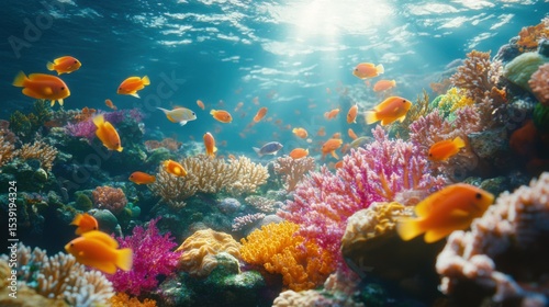 Wallpaper Mural A lively underwater scene showcases an array of bright coral formations and various fish swimming gracefully. Sunlight filters through the water, illuminating the beauty of this marine ecosystem Torontodigital.ca