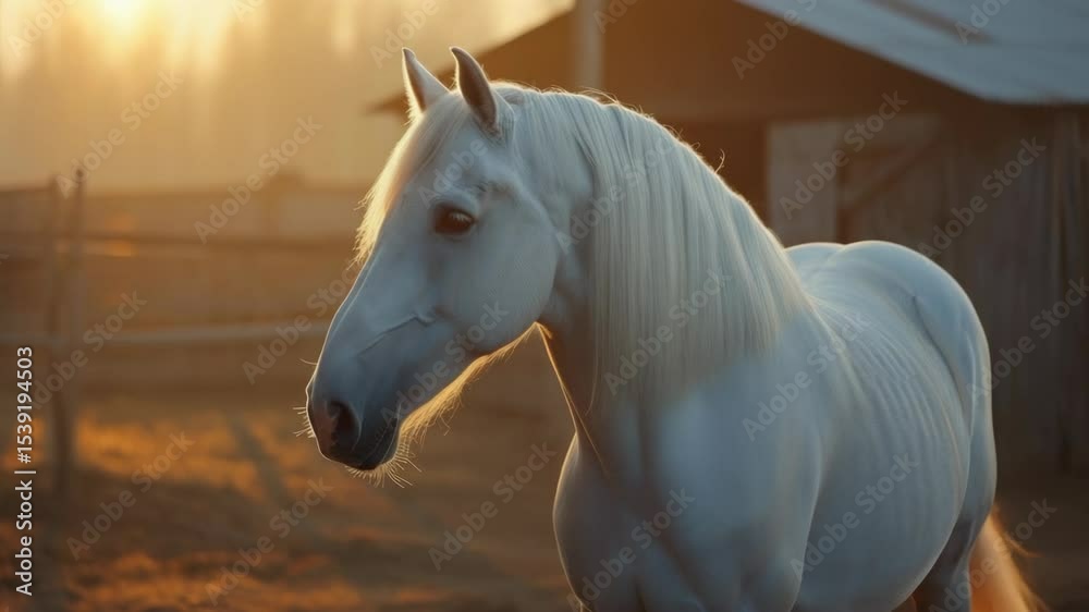 A majestic white horse stands in a rural setting at sunset, silhouetted against the sky.