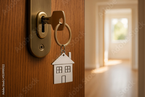 Open Door with Key and House-Shaped Keychain – New Home Concept