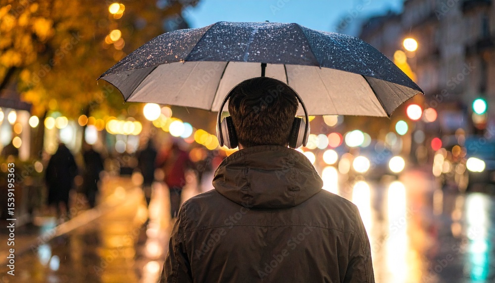 Obraz premium Quiet back view of a young man listening to music with an umbrella on a rainy street