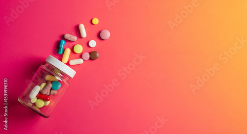 Pills overflowing from a bottle, symbolizing medication abundance, pharmaceutical industry, global health challenges, or healthcare access. Space for text.