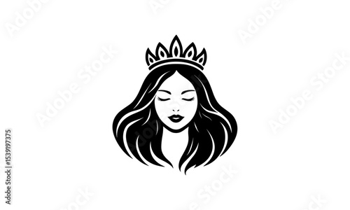 Vector silhouette of a beautiful princess with a crown and luxurious hair.