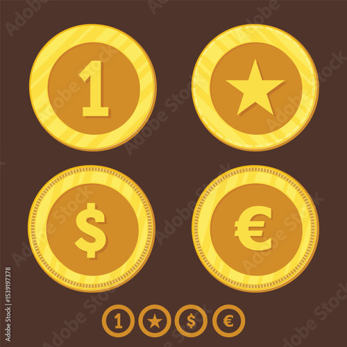 A set of golden coins with different symbols - euro, dollar, number 1 and a star. Different gold metal coins.