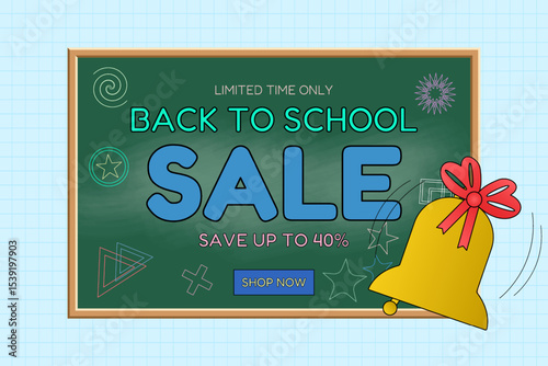 Back to school sale vector banner with chalkboard, golden bell, and colorful classroom doodles on graph background. For seasonal promotion, shopping advertisement, online store, marketing material.