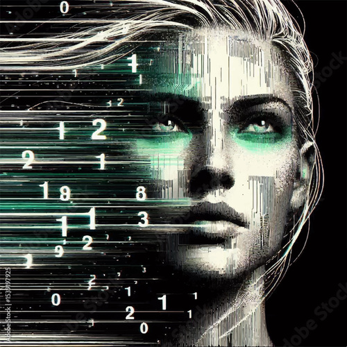 The image of AI in the form of a female face is self-embodied from digital elements like the image of a machine acquiring consciousness. Vector graphics. EPS.