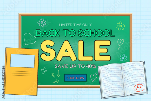 Back to school sale banner with green chalkboard, yellow notebook, and open graded workbook illustration on graph background. For seasonal promotion, shopping advertisement, and marketing material.